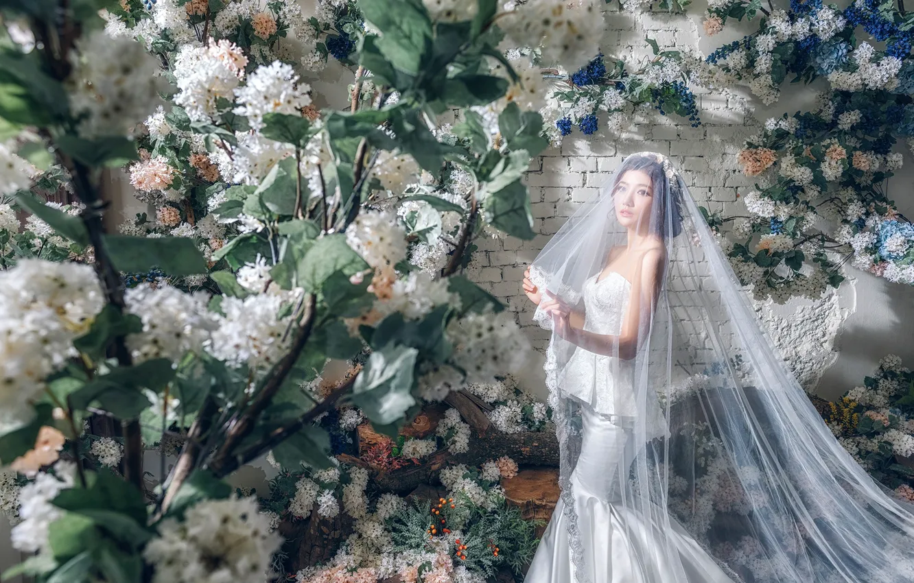 Photo wallpaper flowers, style, model, Asian, the bride, veil, wedding dress