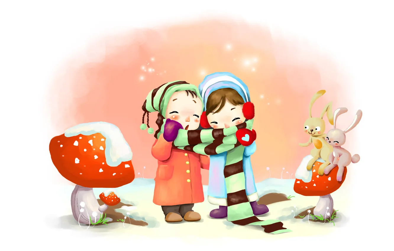 Photo wallpaper winter, snowflakes, children, figure, mushrooms, breath, scarf, leverets