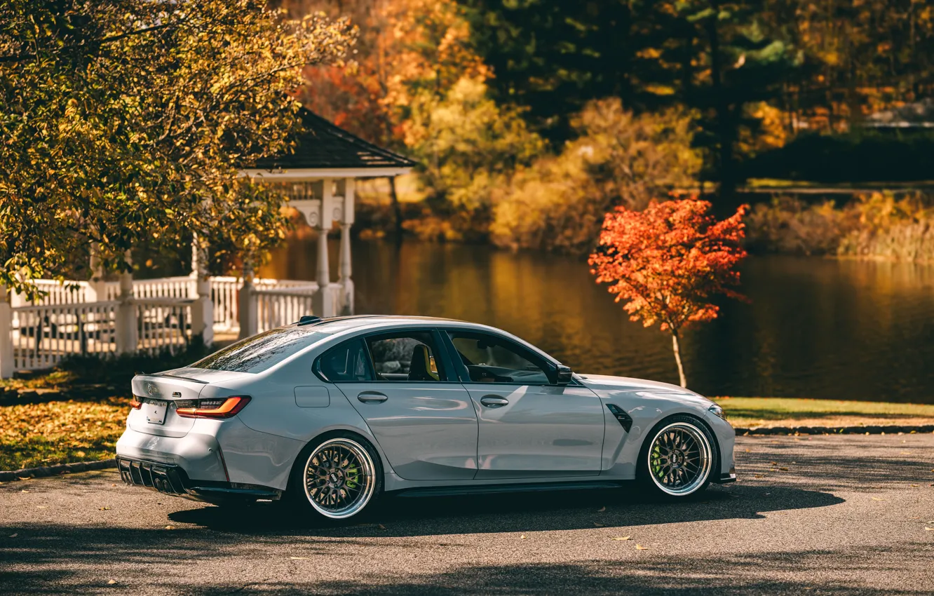 Photo wallpaper BMW, Grey, BMW M3, Lake, Rear