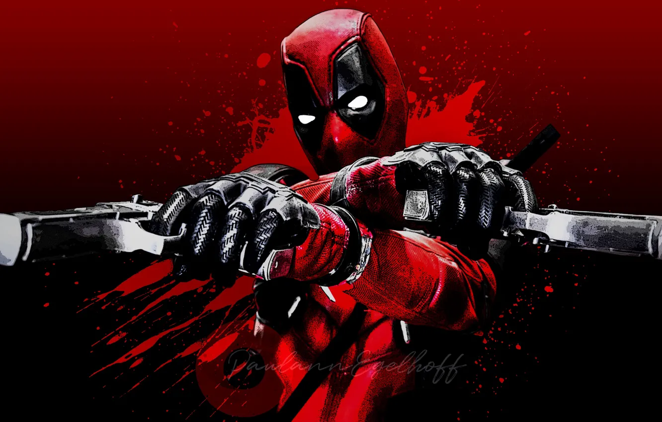 Photo wallpaper gun, red background, Deadpool, Deadpool