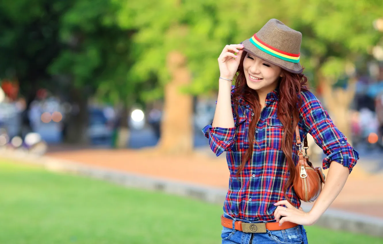 Photo wallpaper girl, smile, hat, Asian