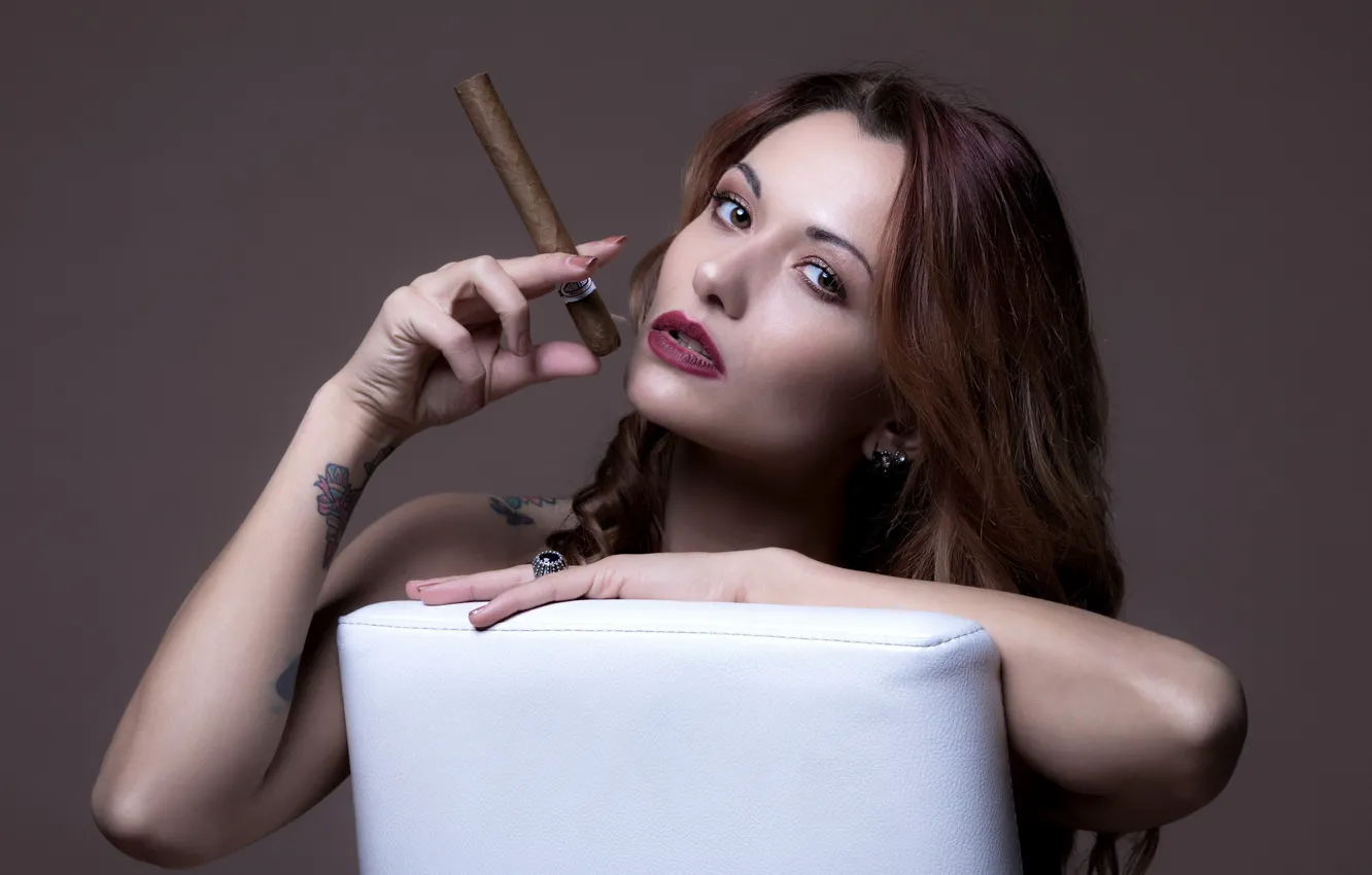 Photo wallpaper look, girl, cigar