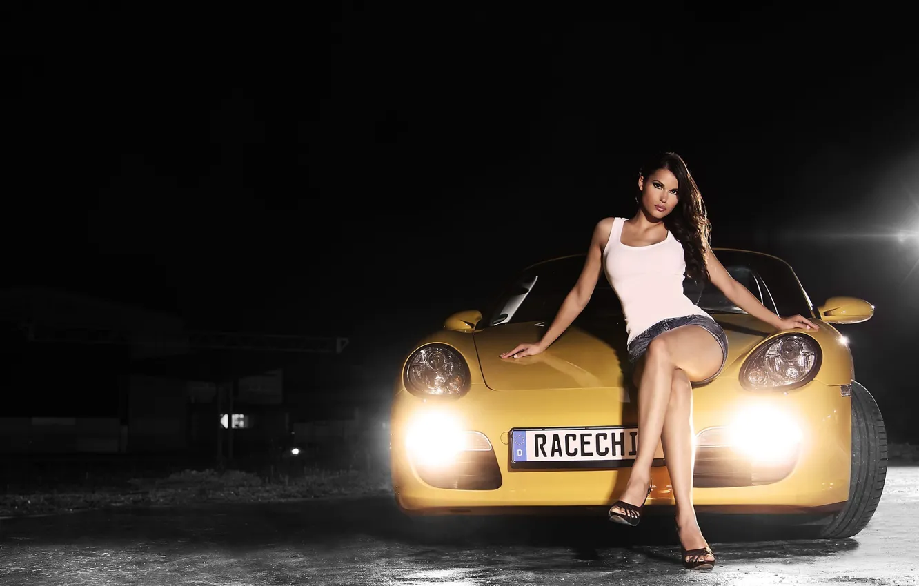 Photo wallpaper auto, look, girl, Porsche, beautiful girl, sitting on the hood