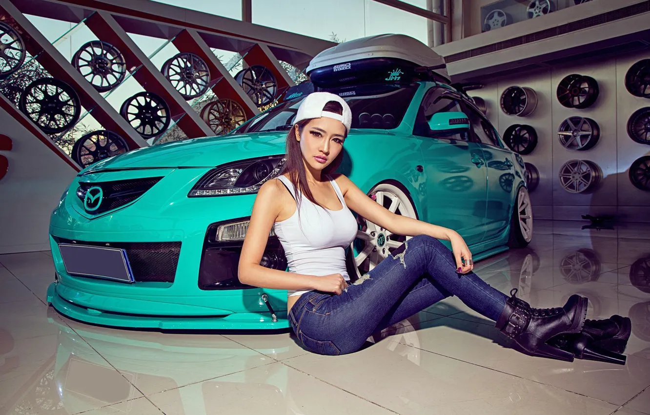 Photo wallpaper auto, look, girl, Mazda, beautiful girl, posing on the car, isiaka