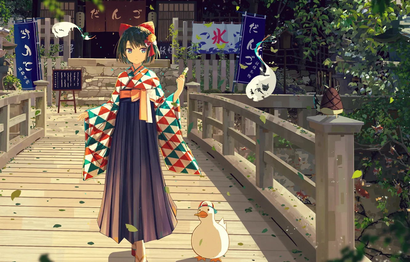 Photo wallpaper girl, bridge, duck, Hololive virtual youtuber, Holo no Graffiti, the territory of the temple, Subaru …