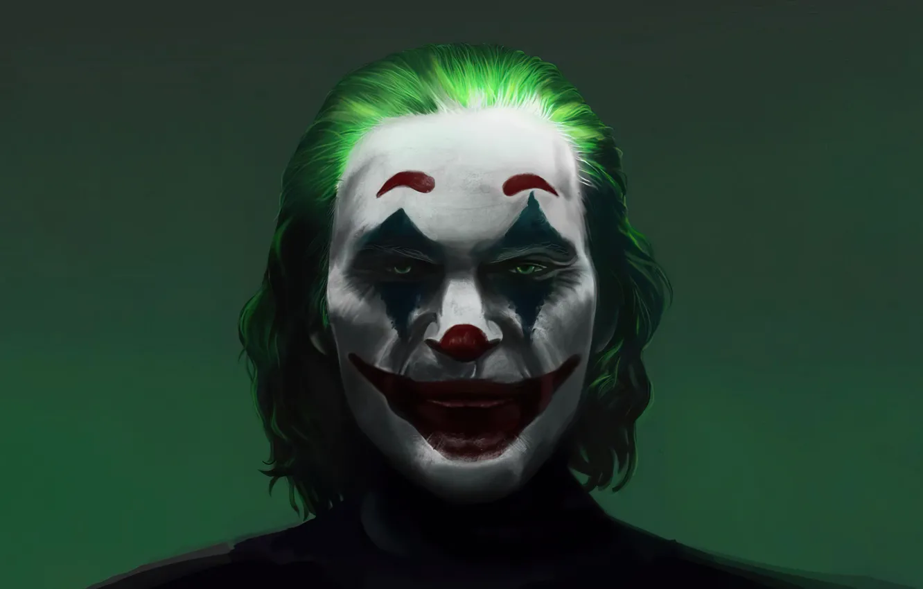 Photo wallpaper face, portrait, Joker, green background, Joker, makeup, portrait, makeup