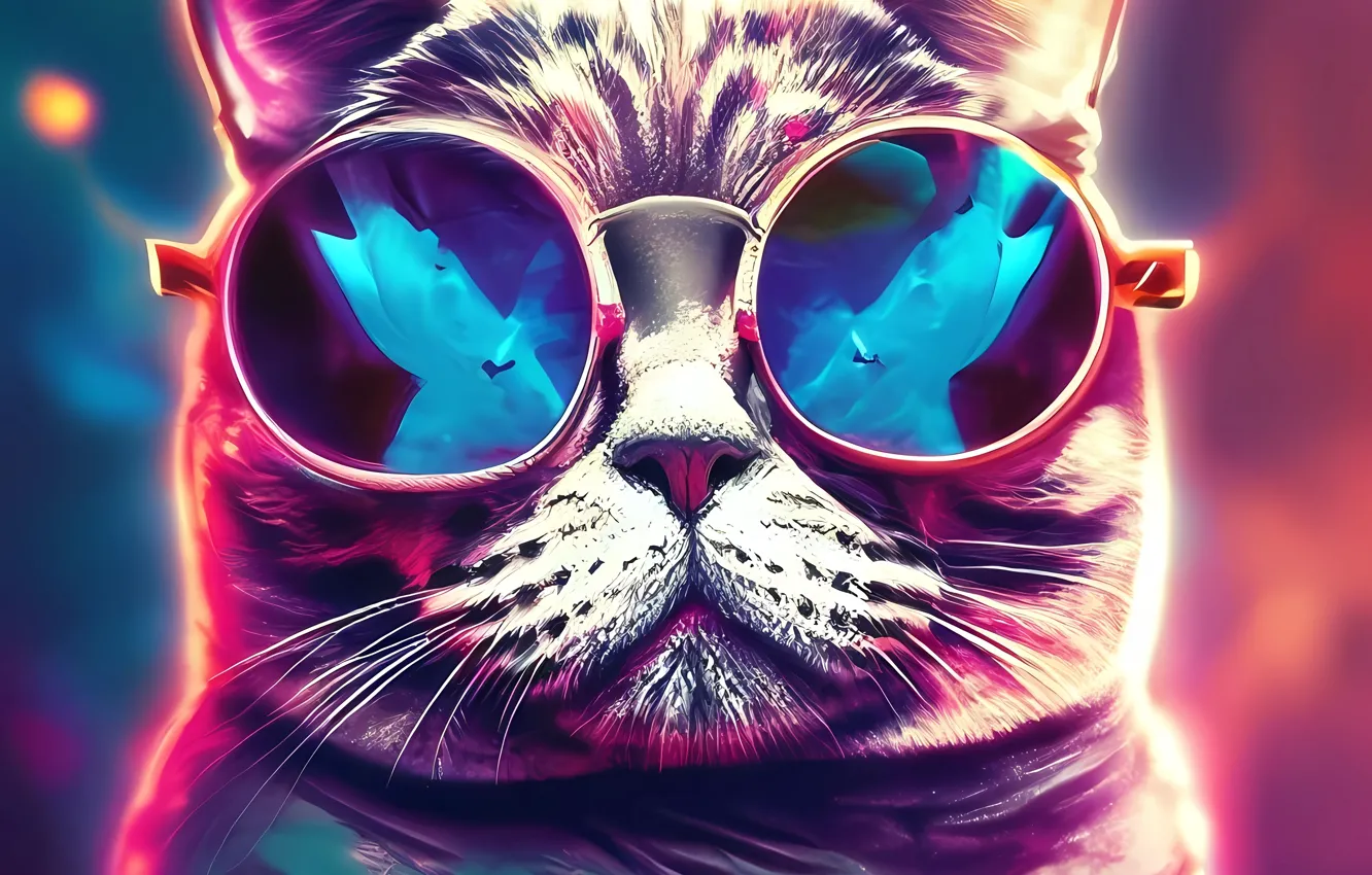 Photo wallpaper cat, colorful, cat in glasses, ai art