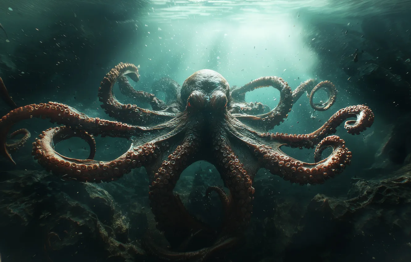 Photo wallpaper The tentacles, Underwater world, Digital art, Sea monster, AI art, The Art of Artificial Intelligence, …