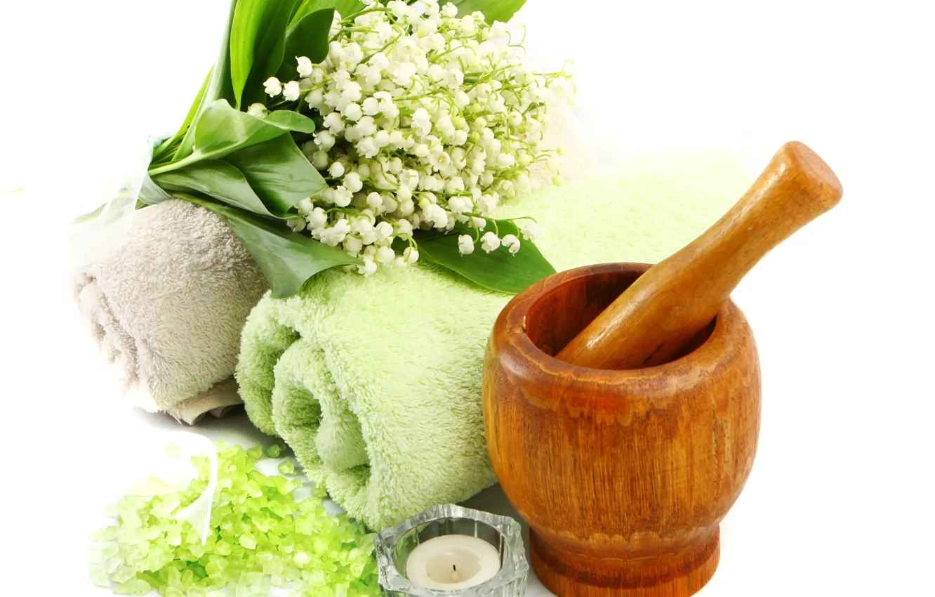 Photo wallpaper candle, towel, Lilies of the valley, sea salt, mortar for grinding herbs