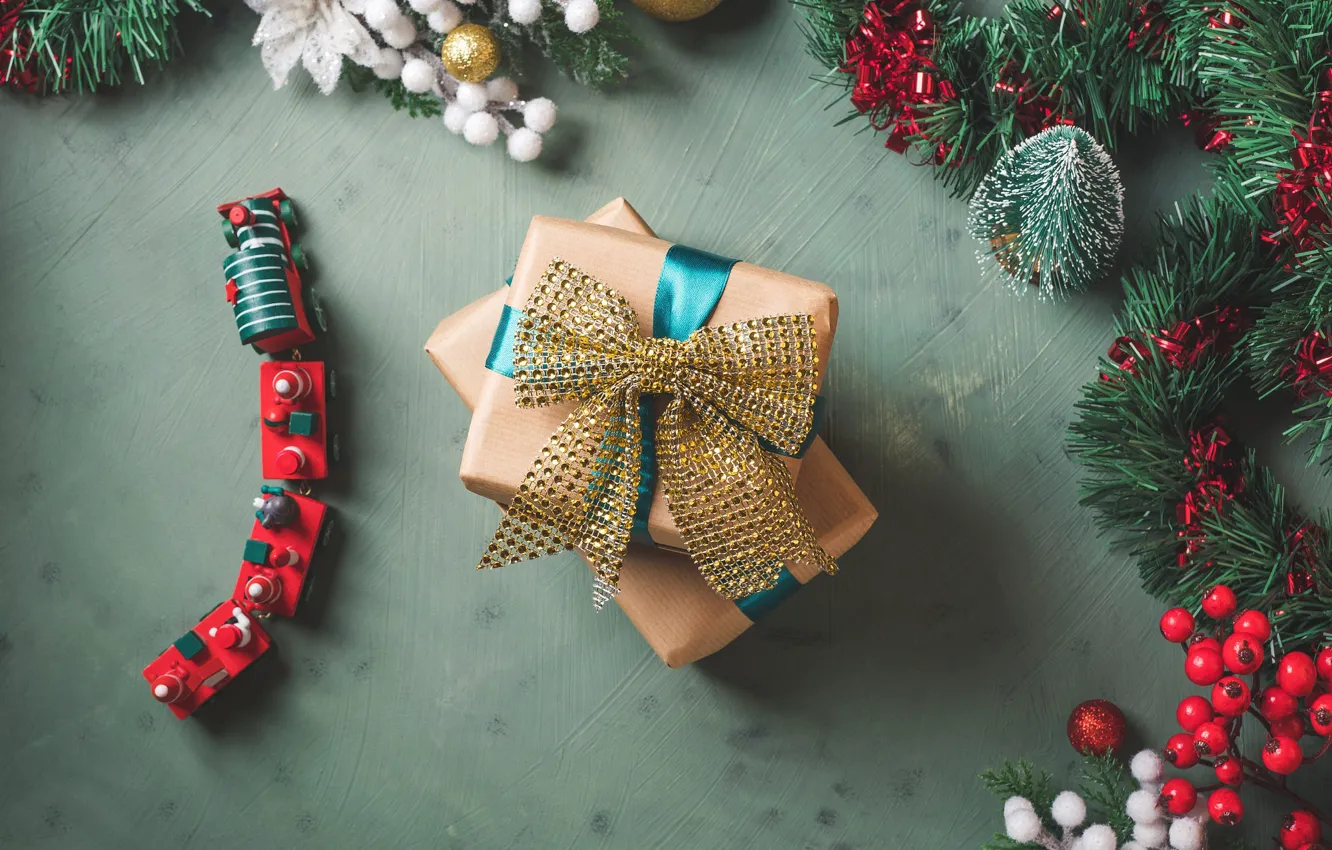 Photo wallpaper balls, branches, berries, holiday, box, gift, toy, new year