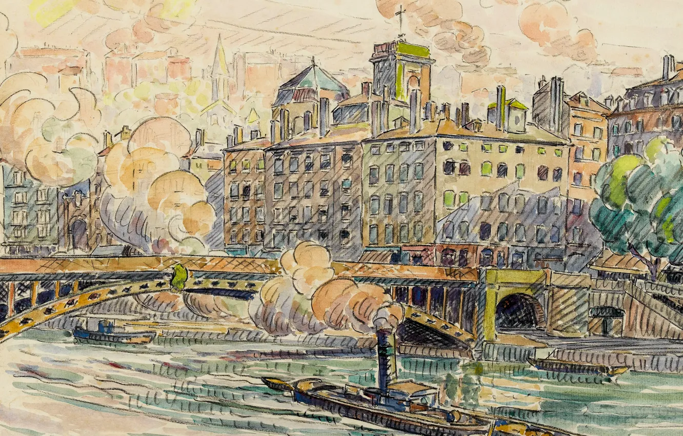 Photo wallpaper the city, figure, watercolor, Paul Signac, Bridge Feuille in Lyon