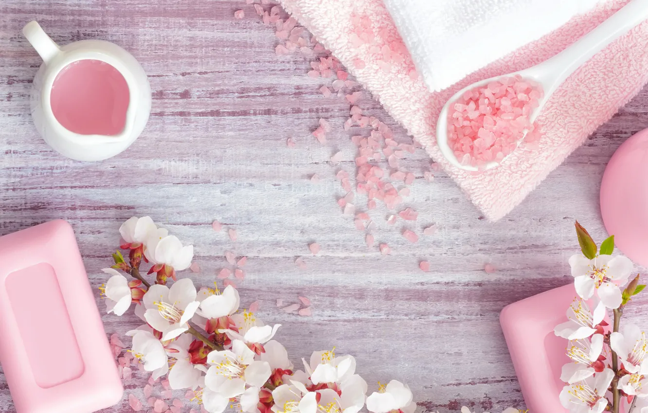 Photo wallpaper flowers, sprig, towel, soap, soap, flowers, Spa, spa