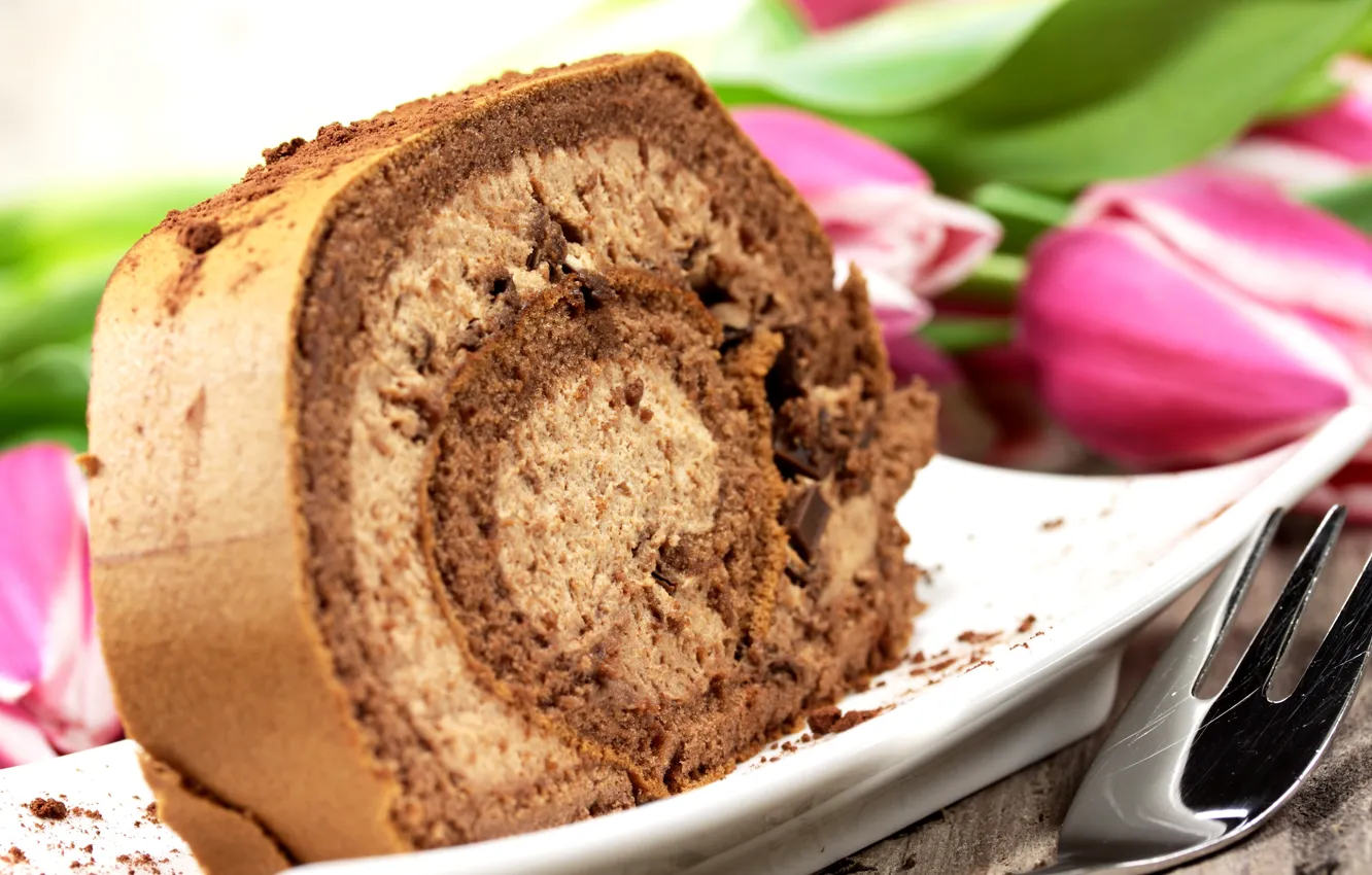 Photo wallpaper flowers, chocolate, plate, tulips, plug, cream, dessert, sweet