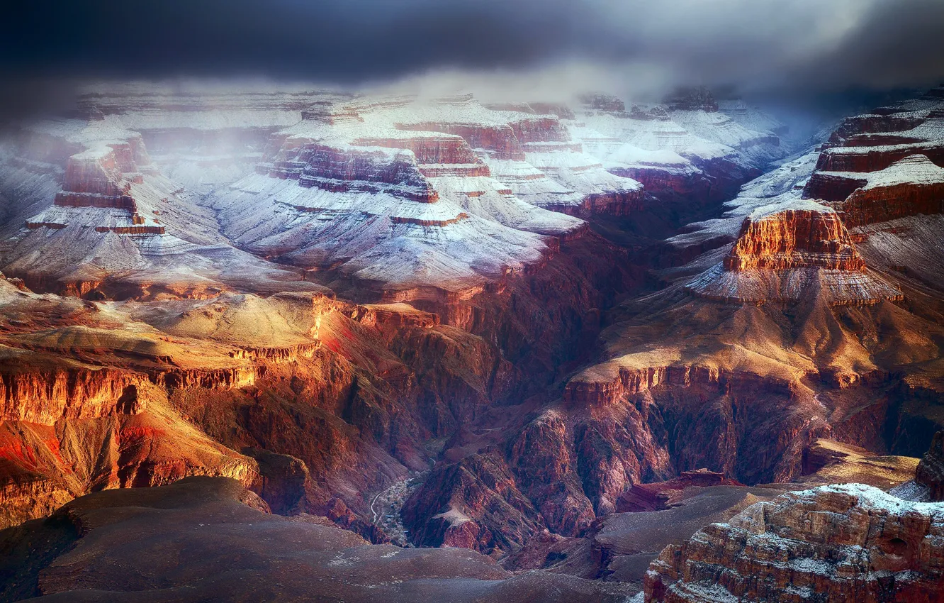 Photo wallpaper winter, clouds, snow, clouds, rocks, canyon