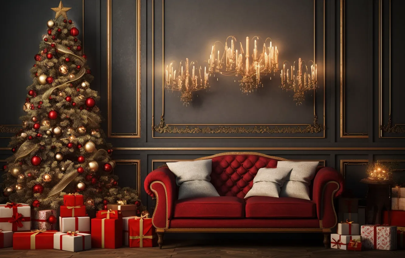 Photo wallpaper decoration, sofa, gift, balls, tree, new year, Christmas, Christmas