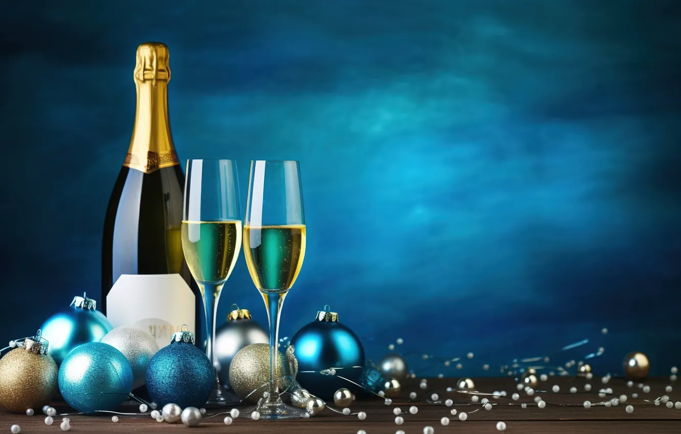 Photo wallpaper decoration, gold, balls, glass, new year, golden, champagne, Christmas