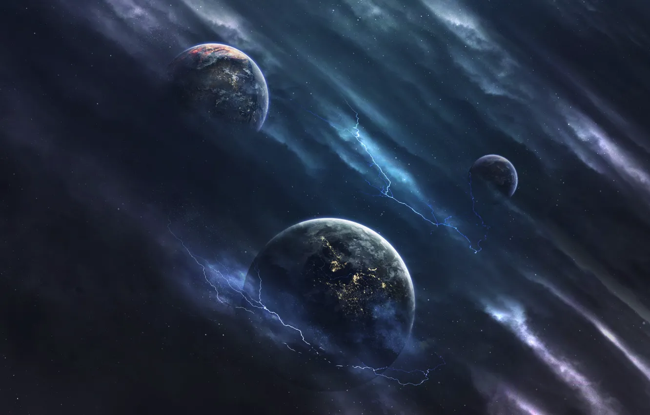 Photo wallpaper space, stars, storm, fiction, lightning, planet, satellite, matter