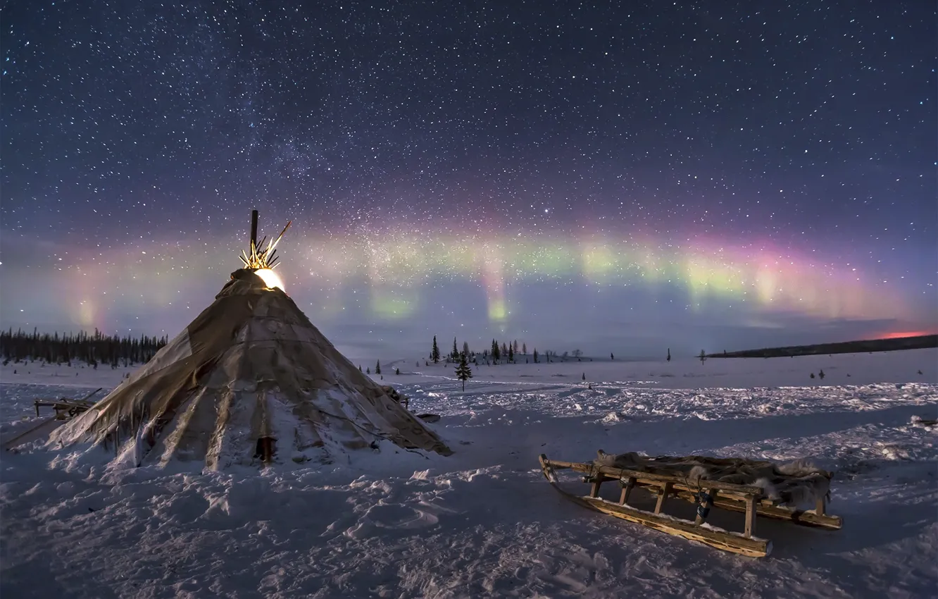Photo wallpaper winter, Northern lights, sleigh, North, tundra, wigwam, Yurt