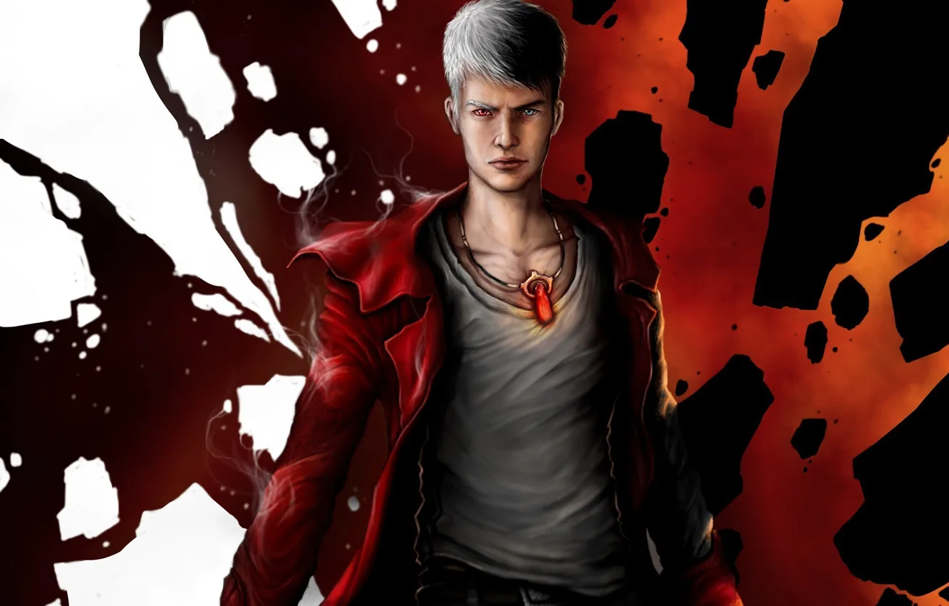 Photo wallpaper abstraction, art, pendant, guy, cloak, Dante, Devil May Cry, different eyes