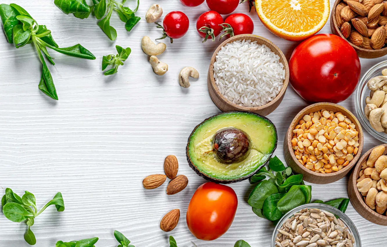 Photo wallpaper orange, figure, nuts, tomatoes, avocado