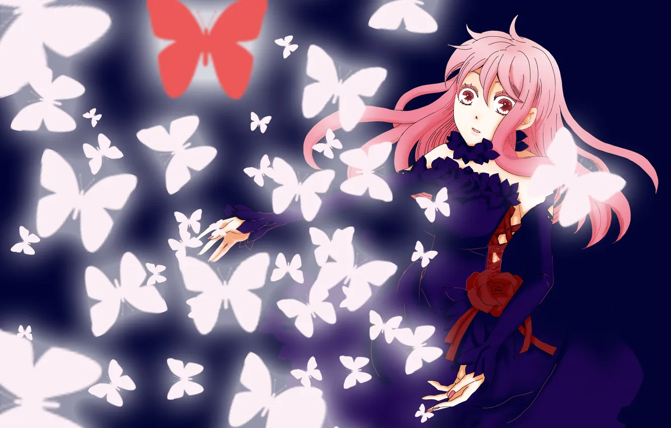 Photo wallpaper flower, girl, butterfly, rose, anime, art, guilty crown, inori yuzuriha