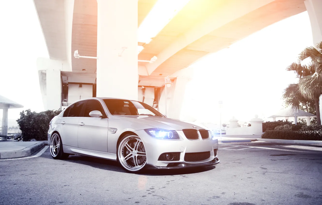 Photo wallpaper bridge, glare, BMW, silver, BMW, sedan, Sedan, E90