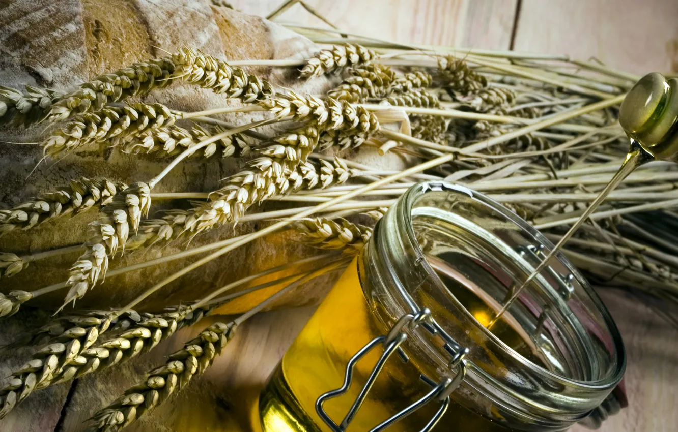 Photo wallpaper table, honey, bread, jars, ears, honey, cereals, honey dipper