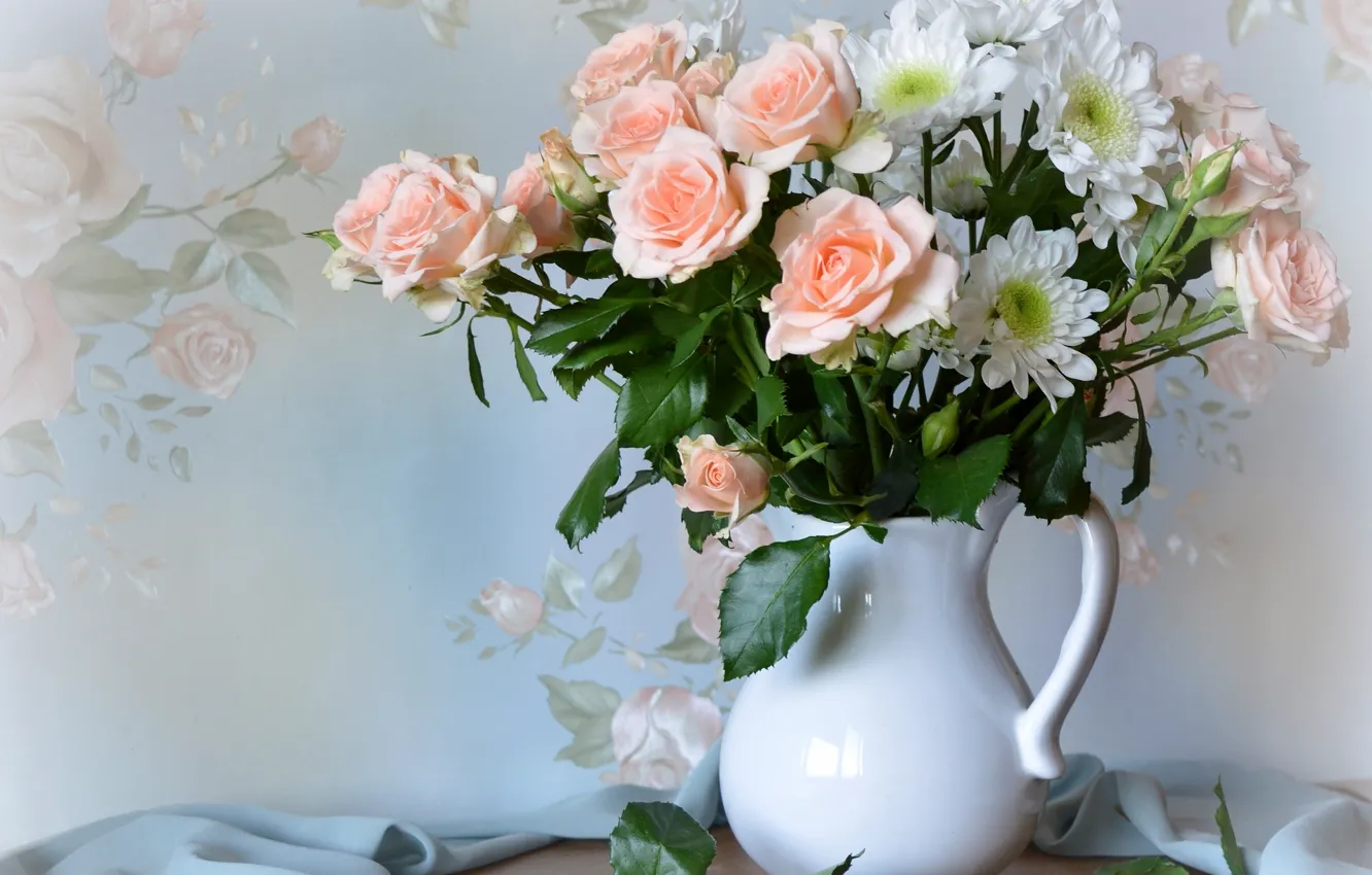 Photo wallpaper roses, bouquet, pitcher, chrysanthemum
