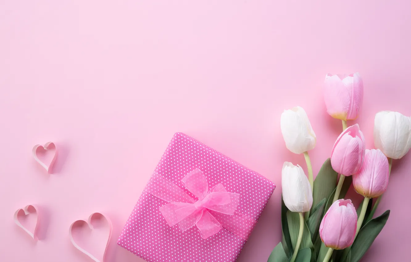 Photo wallpaper background, pink, gift, bouquet, tulips, congratulations, Siam Pukkato