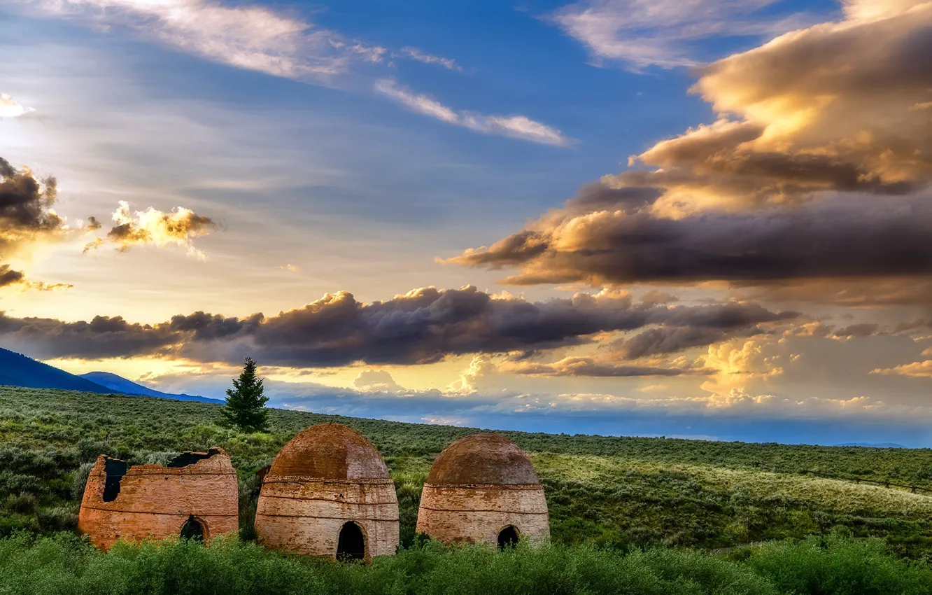 Photo wallpaper sunset, clouds, Idaho, Charcoal Kilns, Pahsimeroi
