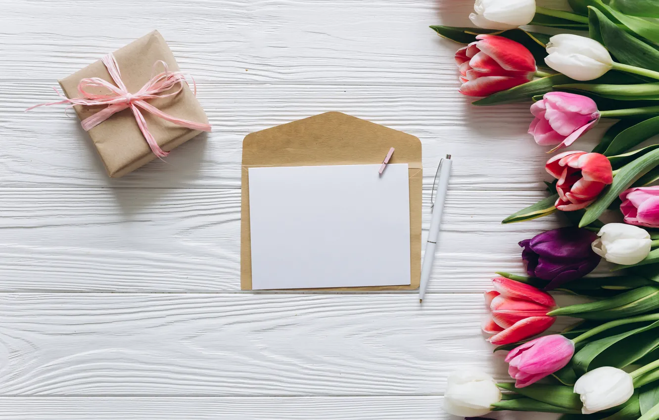 Photo wallpaper flowers, gift, bouquet, colorful, tulips, wood, pink, flowers