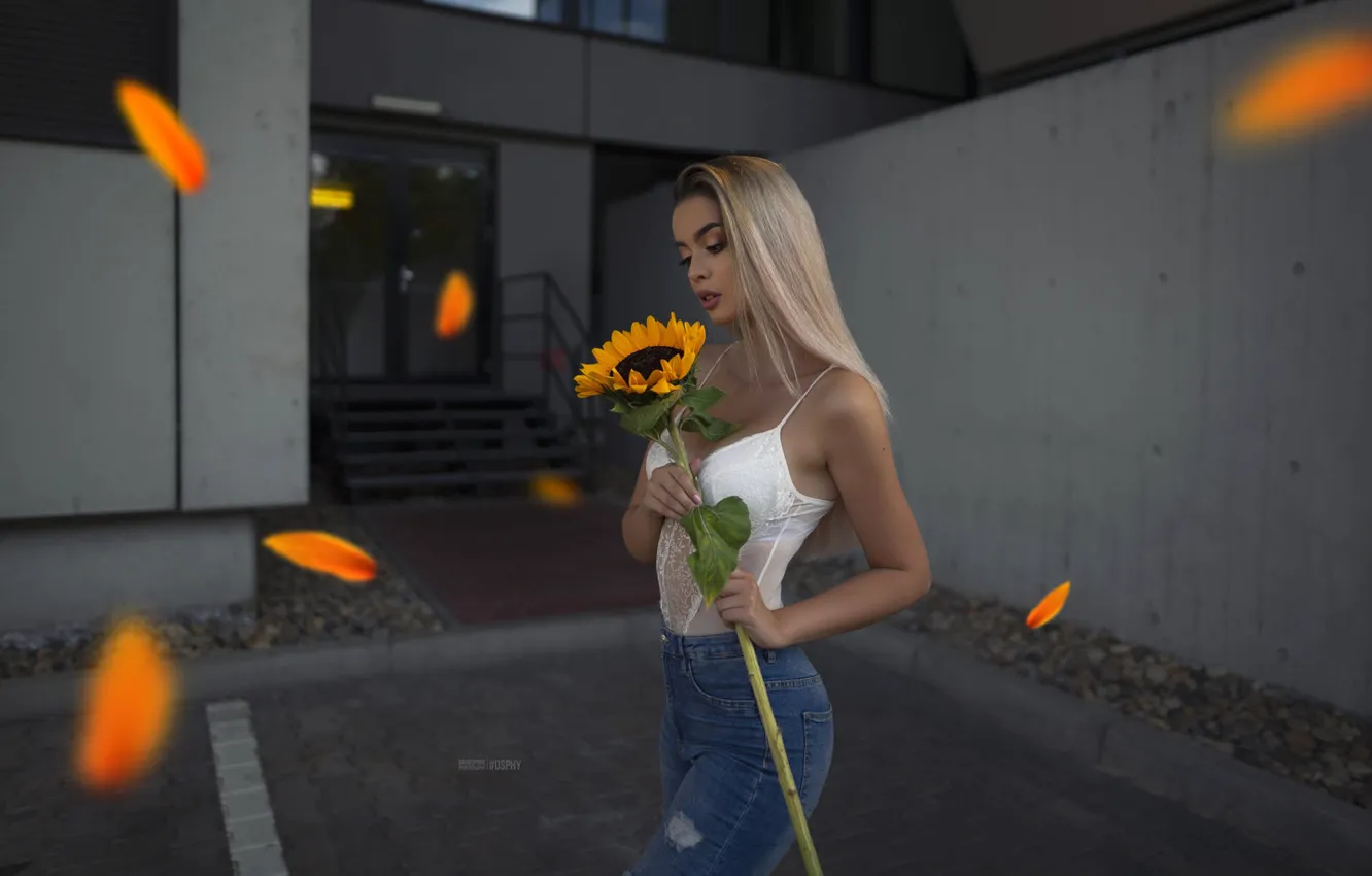 Photo wallpaper look, girl, pose, hair, the building, sunflower, beautiful