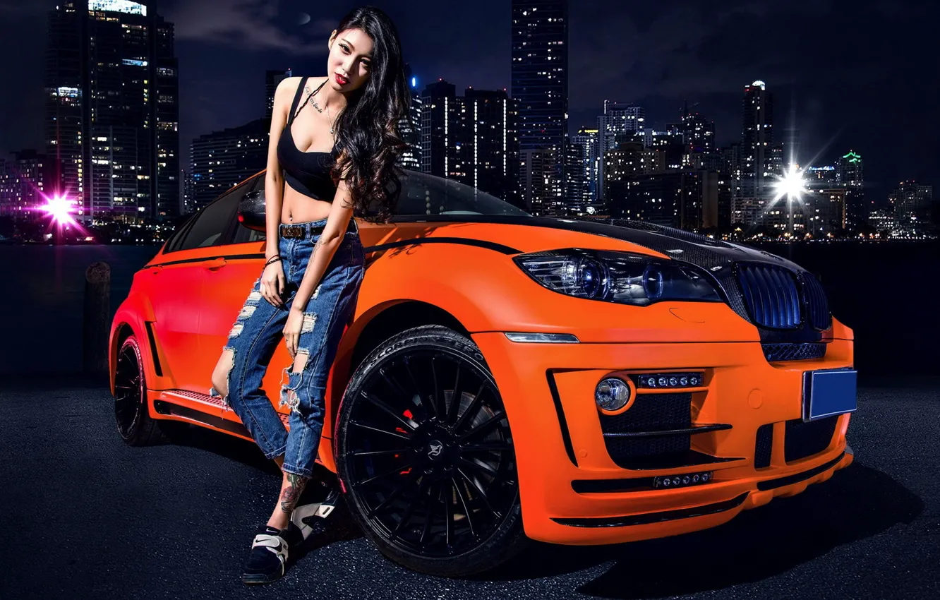 Photo wallpaper auto, look, girl, BMW, hairstyle, Asian, beautiful girl