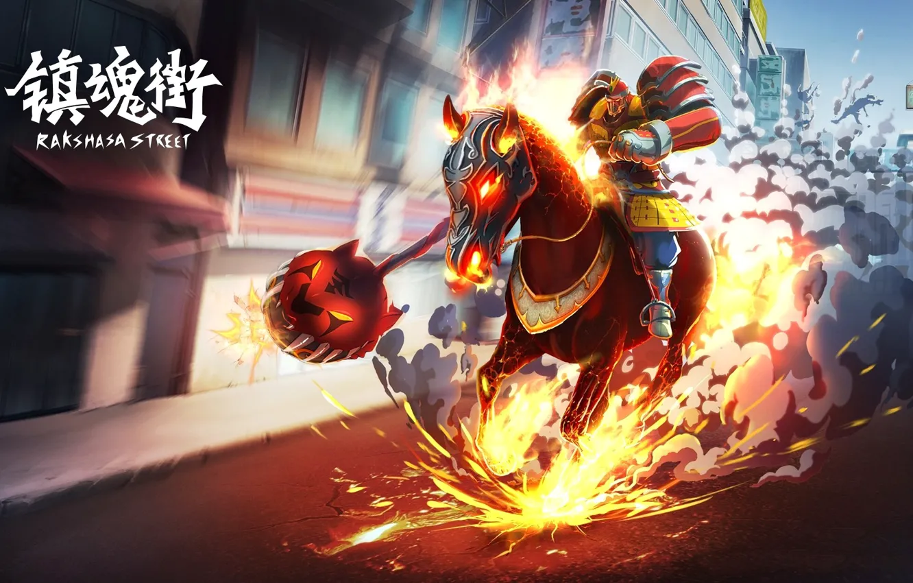Photo wallpaper China, fire, flame, armor, weapon, anime, street, fight