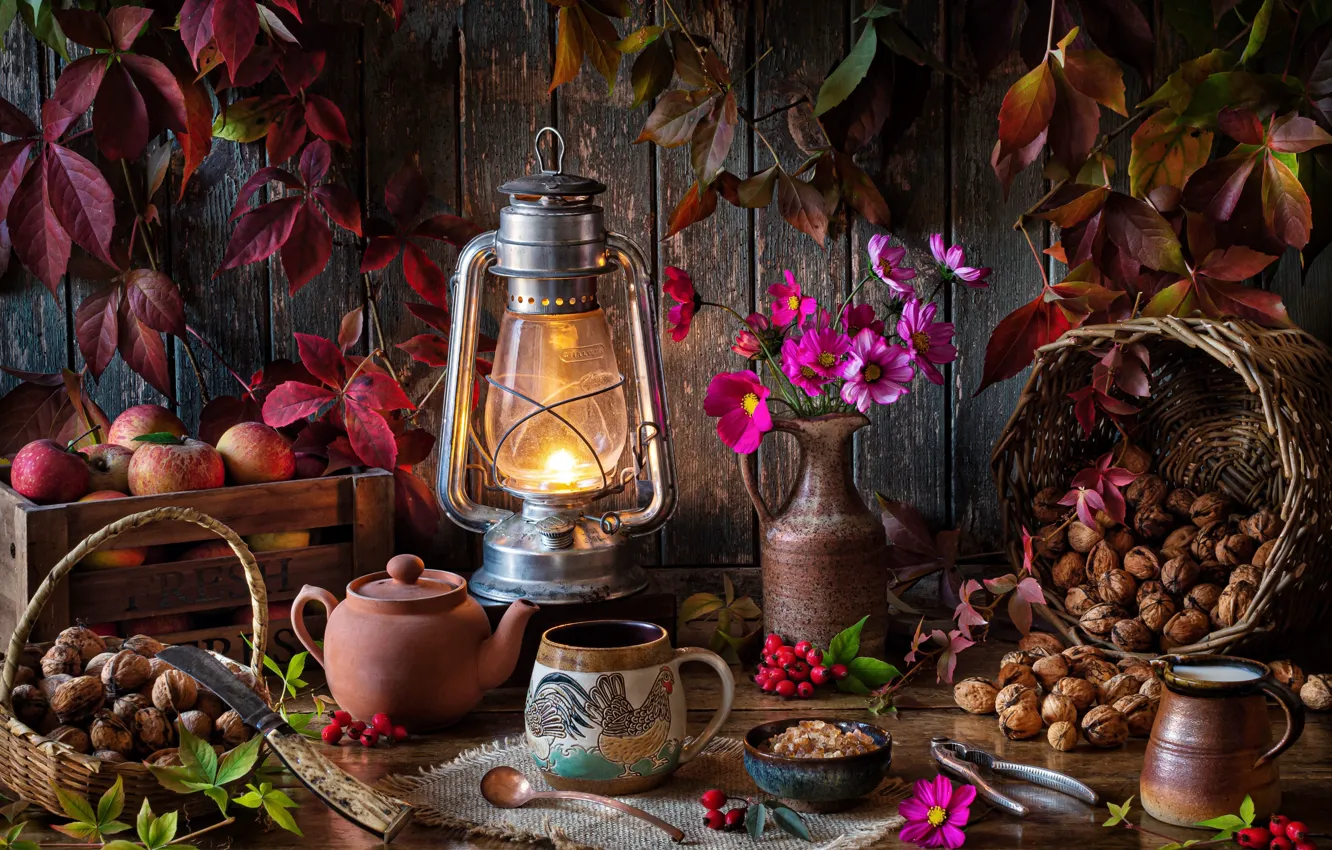 Photo wallpaper leaves, flowers, style, berries, basket, apples, briar, knife