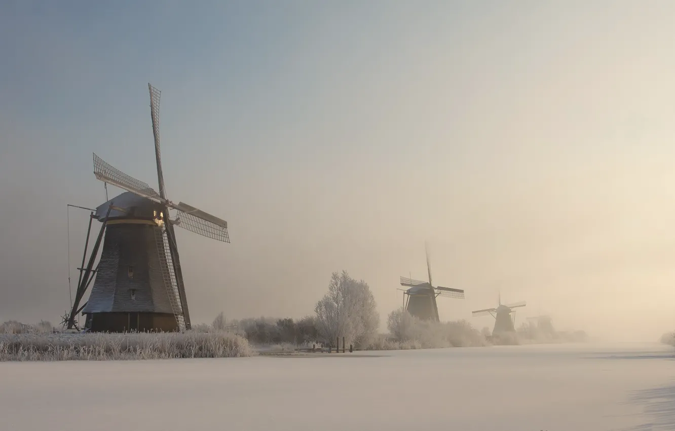 Photo wallpaper winter, fog, mill, channel