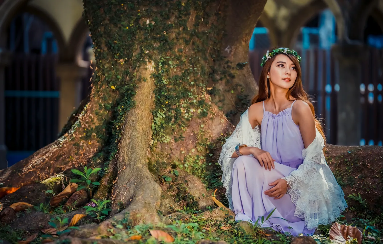 Photo wallpaper girl, sweetheart, dress, Asian, sitting