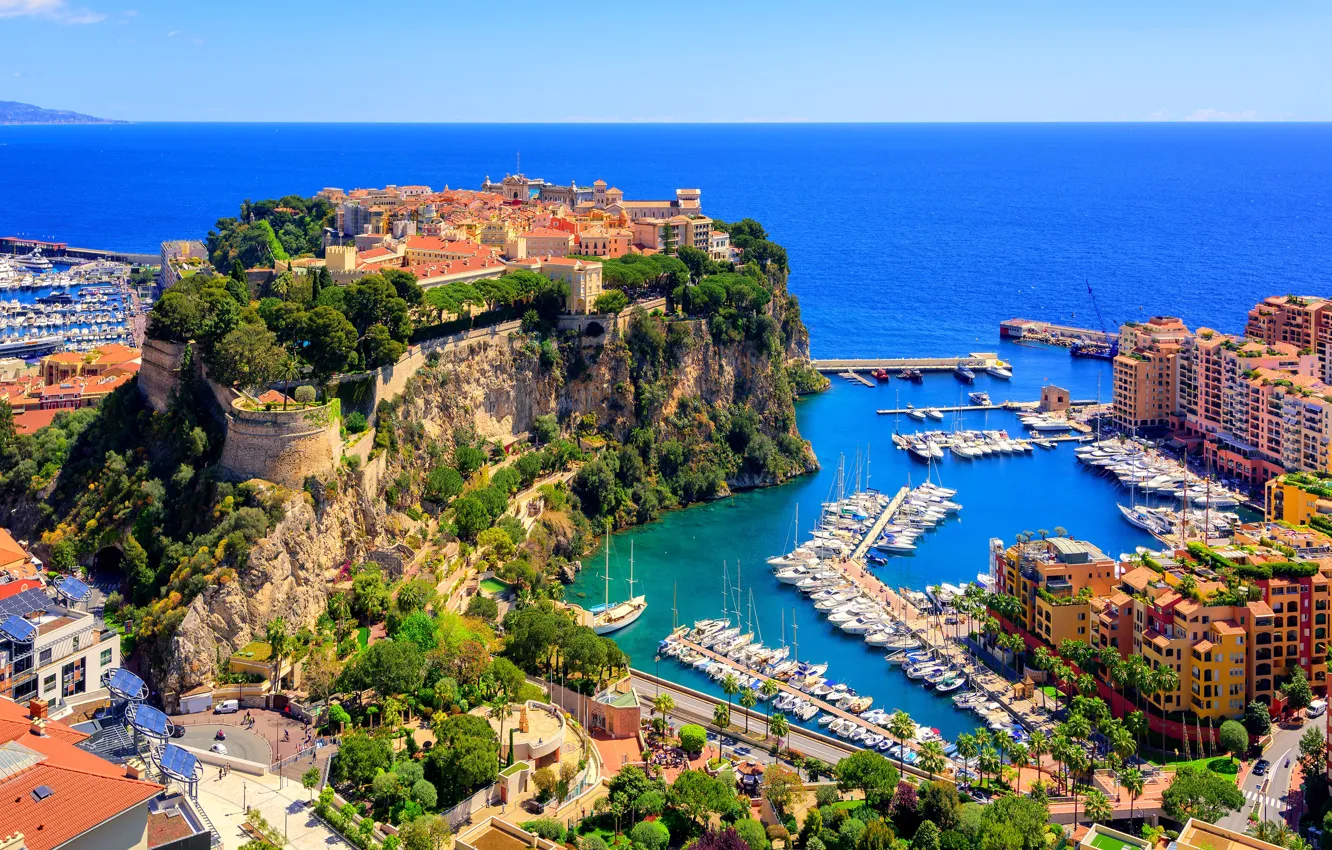 Photo wallpaper sea, the sky, the sun, trees, the city, stones, rocks, coast