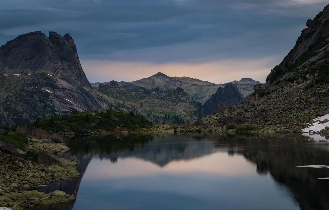 Photo wallpaper summer, the sky, mountains, clouds, stones, dawn, morning, Russia