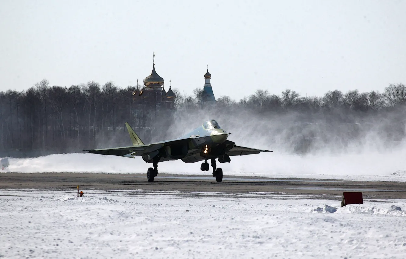Photo wallpaper Winter, Figure, The plane, Snow, Fighter, Russia, T-50, Aviation
