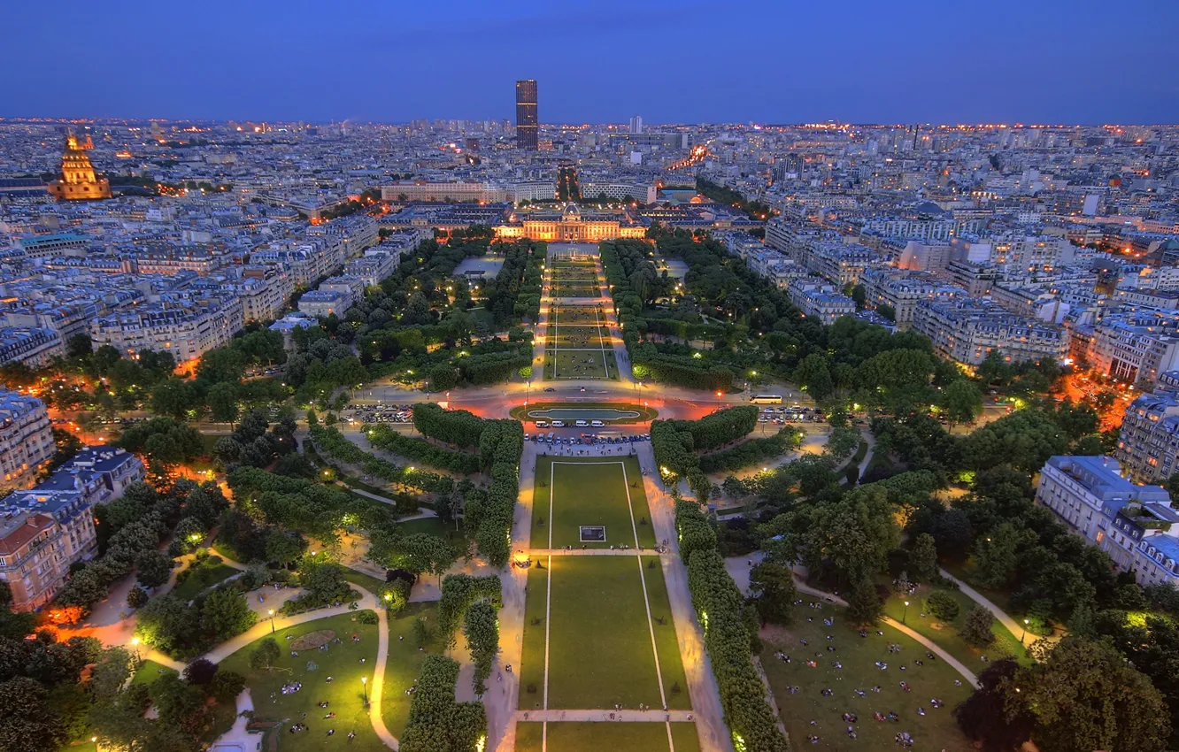 Photo wallpaper lights, Park, France, Paris, garden, panorama, Paris, twilight