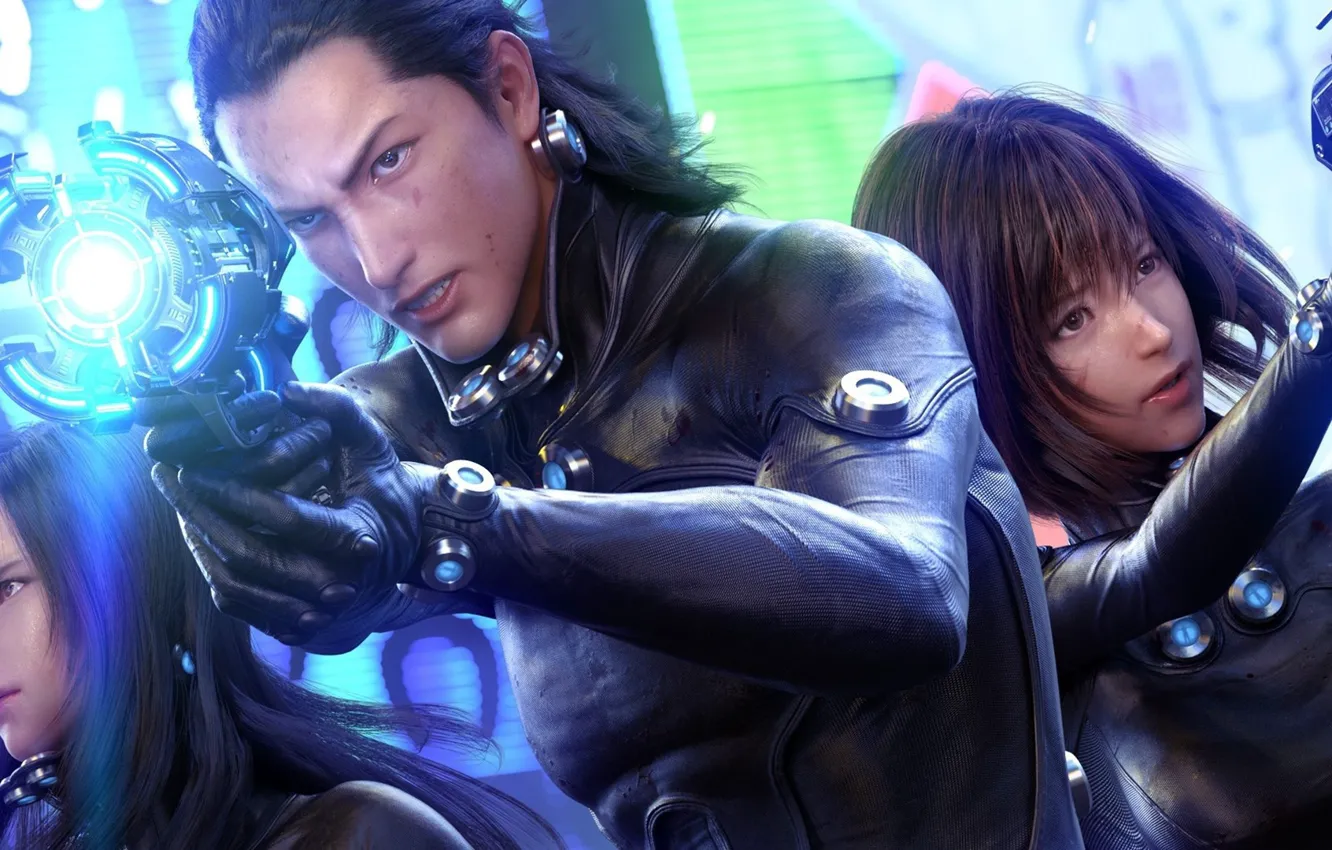 Photo wallpaper girl, gun, blood, pistol, game, weapon, anime, man