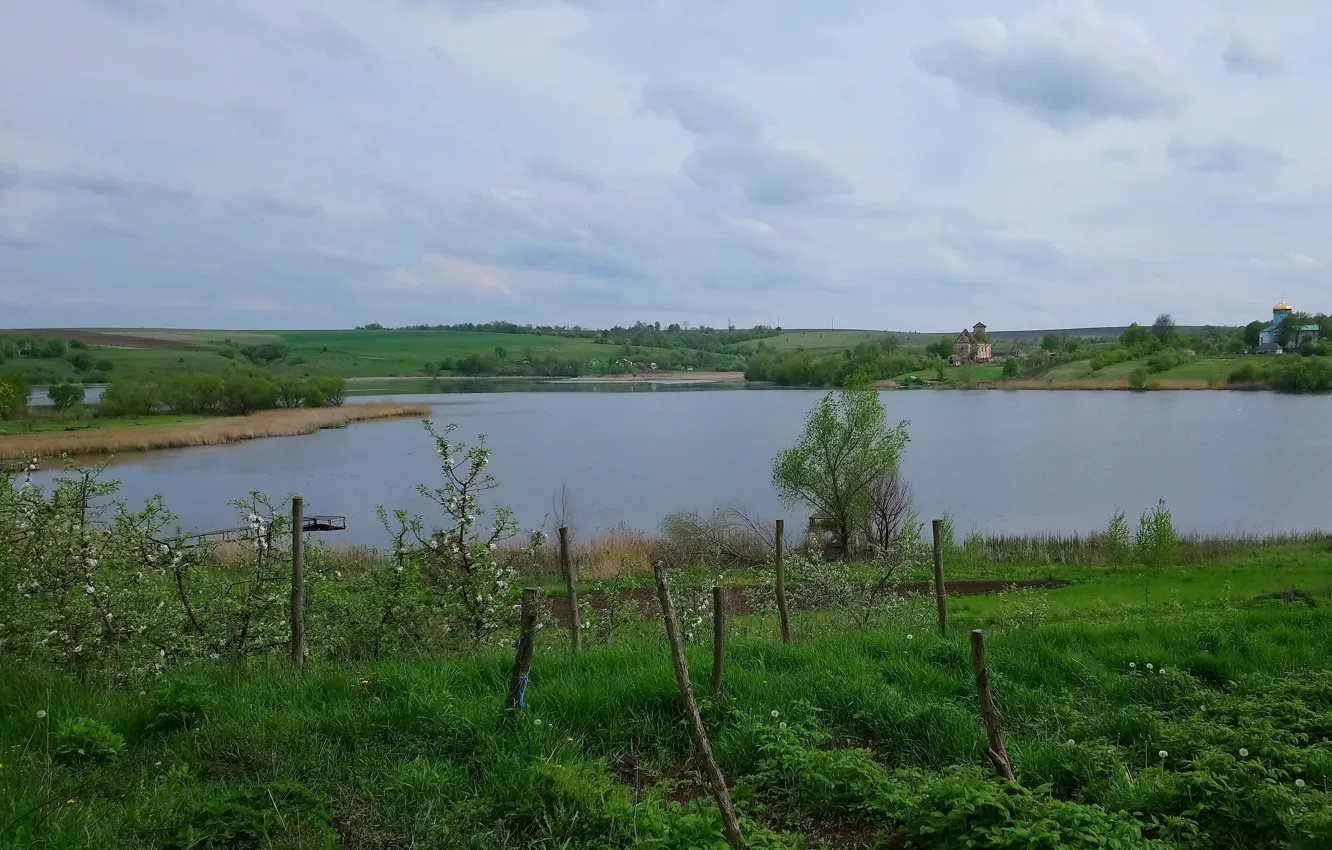 Photo wallpaper spring, village, Church, Apple, bridges, Verba, the garden, the Church