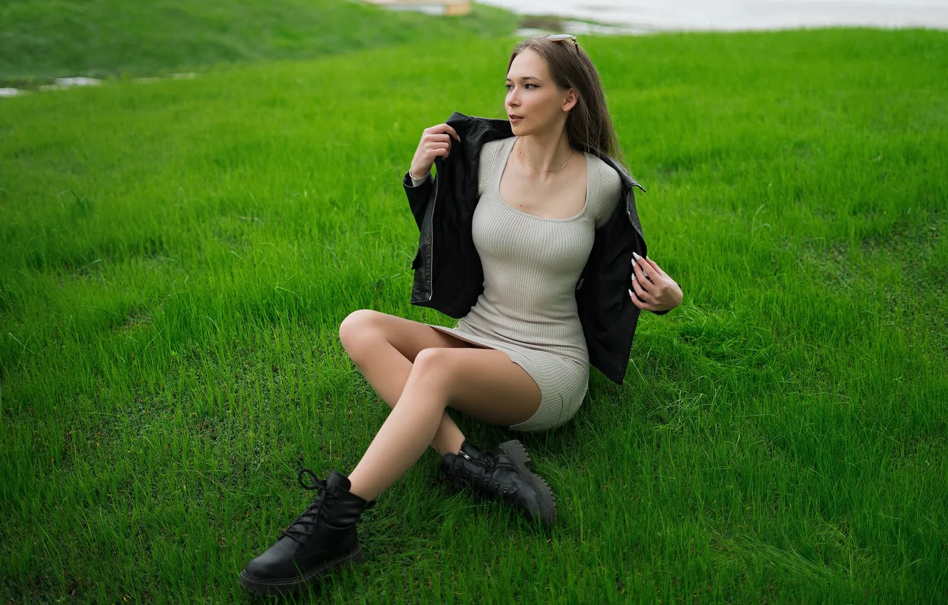 Photo wallpaper girl, grass, model, brunette, white dress, boots, sunglasses, leather jacket
