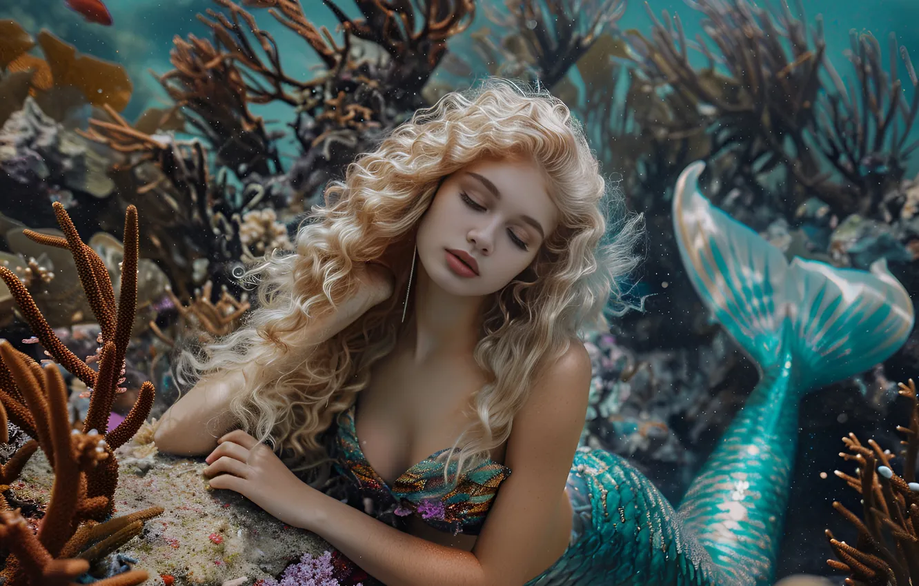 Photo wallpaper girl, hair, mermaid, corals, tail, underwater world, digital art, AI art