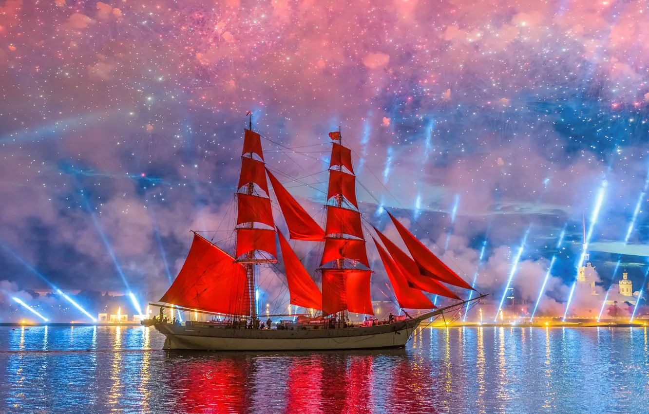 Photo wallpaper river, holiday, ship, salute, Peter, Saint Petersburg, Neva, Scarlet sails