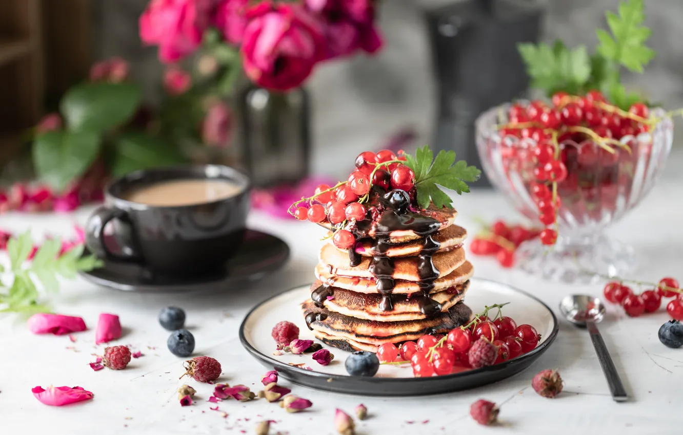 Photo wallpaper coffee, chocolate, Cup, currants, pancakes, Karina Klachuk