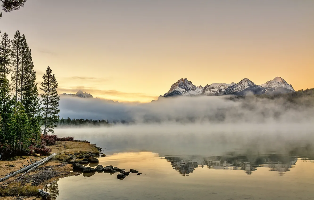 Photo wallpaper fog, lake, morning