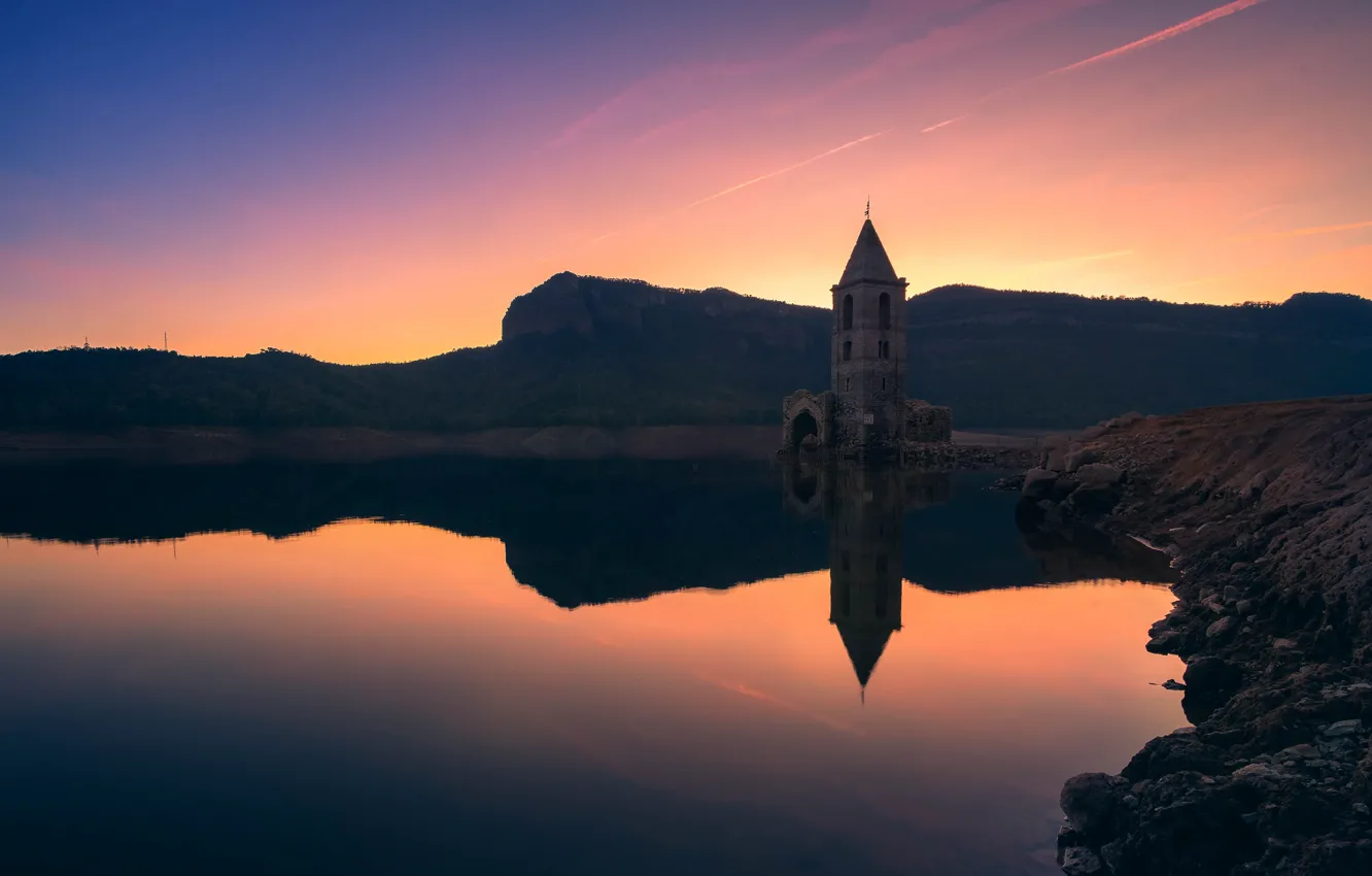 Photo wallpaper sunset, reflection, castle, pond