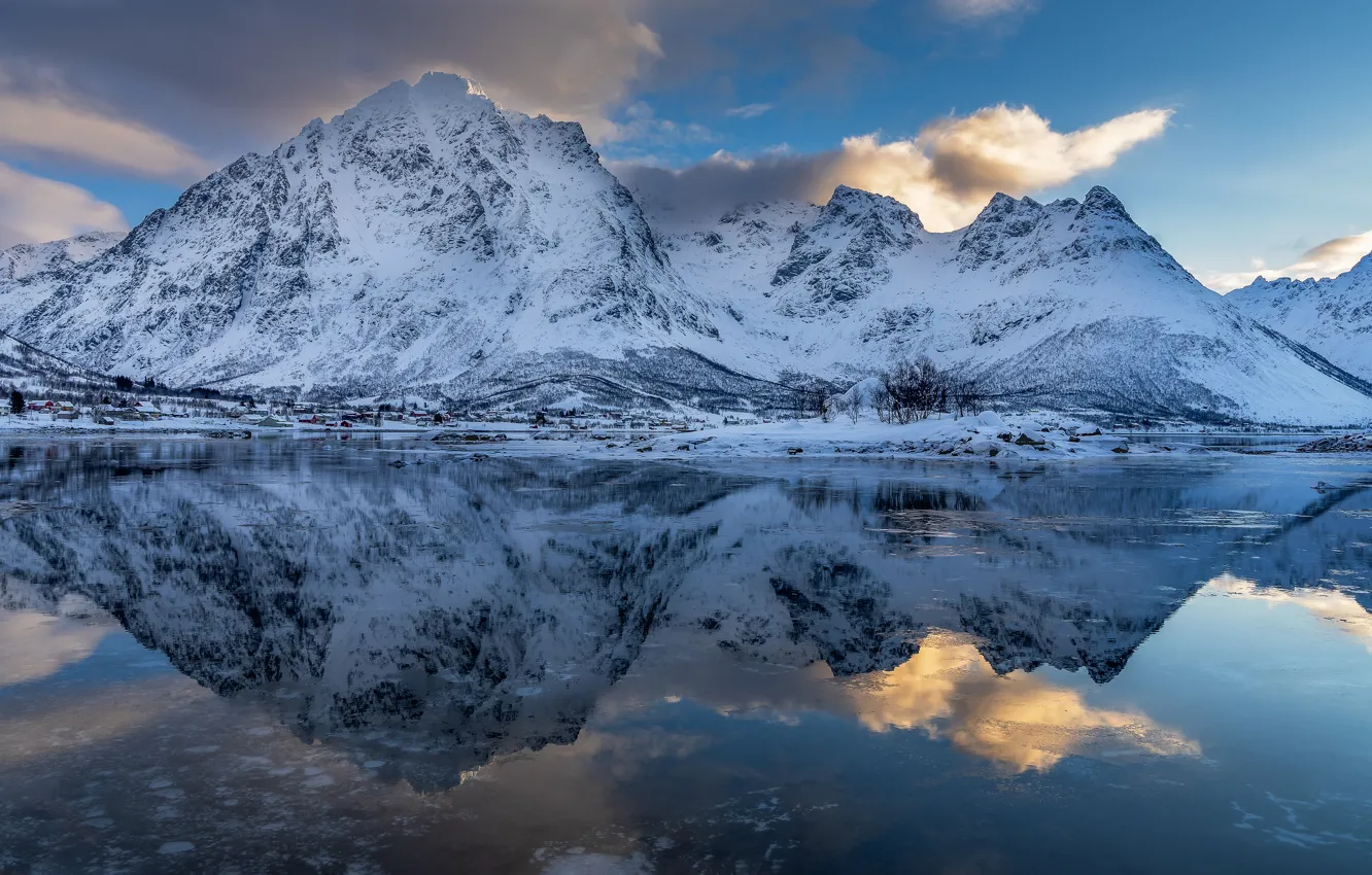Photo wallpaper winter, the sky, water, clouds, snow, mountains, reflection, rocks